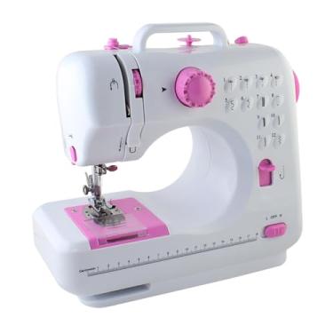 Imagem de Mini máquina de costura portátil – 12 pontos embutidos, fios duplos, duas velocidades, pedal para crianças e mulheres