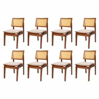 Imagem de Kit 8 Cadeiras de Madeira Maciça Tauari e Rattan Natural Assento Estofado Daren Living Outdoor Espre Imbuia/Cru