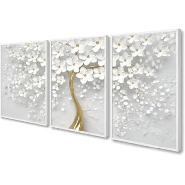 Imagem de Quadro Decorativo arvore flores folhas brancas gold luxo moderno sala quarto Moldura e vidro (Moldura Branca, 40x60, Com Vidro)
