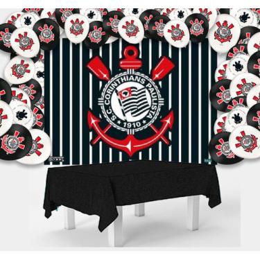 Imagem de Kit festa Corinthians Anive Toalha Preta +25 balões +Painel - Festcolo
