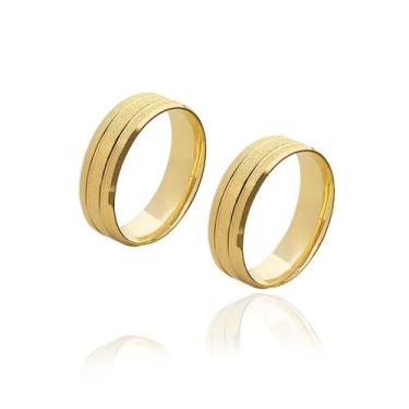 Imagem de Par de Aliancas de Ouro de 5 mm diamantadas com frisos e 7g - JoiaUnic