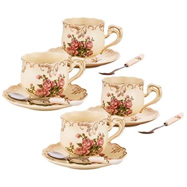 Imagem de CHILDIKE Conjunto de 4 xícaras de chá e pires de porcelana floral rosa marfim com acabamento dourado, xícaras de chá vintage com colher, estilo europeu, presente de Natal (rosa rosa)