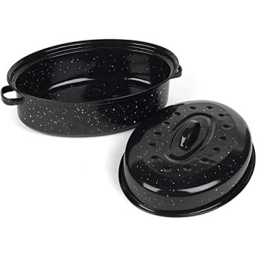 Imagem de Assadeira de 40,6 cm com tampa – Torrador oval coberto – Panela de aço carbono esmaltado – Excelente distribuição de calor e não pegajosa – para carne de frango e legumes de peru – presentes de