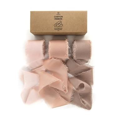 Imagem de Vitalizart Fita de seda de chiffon feita à mão Dusty Rose com franjas de 3,8 cm x 21 m de bordas desgastadas fitas marrons para convites de casamento, buquês de noiva, presentes, artesanato,