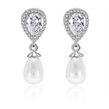 Imagem de Brinco Noiva Zirconia E Pérola Prata Delicado Luxo Barato - De Castro 
