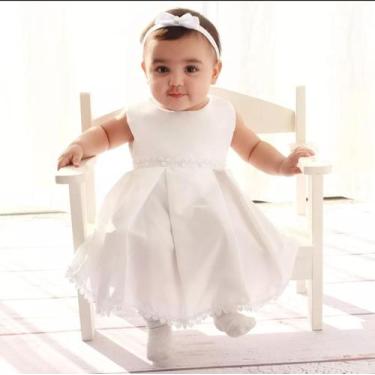 Imagem de Vestido de Bebê Batizado Branco Menina com Faixa de Cabelo Gaby 2 Peça