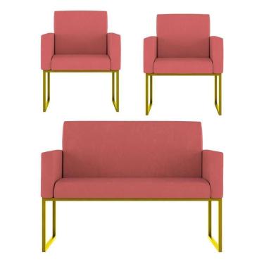 Imagem de Kit 2 Poltronas + Namoradeira Lugares Recepção Base Dourada Rosa