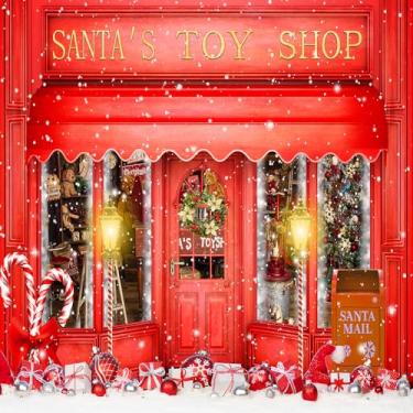 Imagem de DePhoto Pano de fundo vermelho para fotos de Natal de 3,5 x 3 m, loja de brinquedos do Papai Noel, bengala de doces no mundo da neve, faixa de festa de Natal em família, material de fundo para