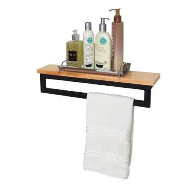 Imagem de Prateleira Suporte Toalheiro Estilo Industrial em Madeira Estrutura de