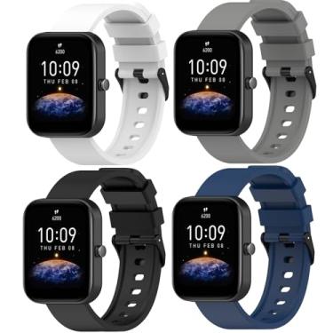 Imagem de QHBAMD Pulseiras de silicone compatíveis com Amazfit Bip 3 Pro/Bip 3/Bip U Pro/Bip U/Bip S/Bip Lite/Bip S Lite/Amazfit GTR 42 mm, pacote com 4 pulseiras de substituição macias de 20 mm (amarelo,
