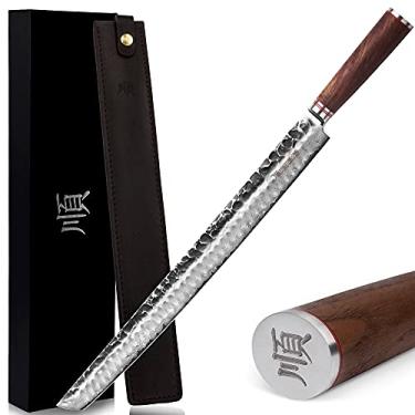 Imagem de YOUSUNLONG Faca Sakimaru Ultimate Yanagiba - Sujihiki de 430 mm, cabo de nogueira natural, bainha de couro, caixa de presente