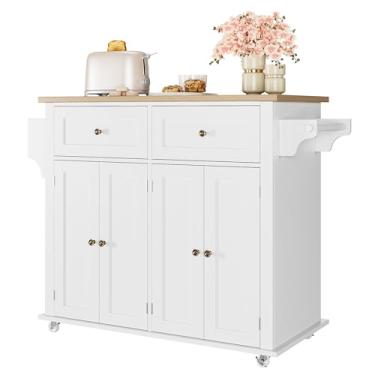 Imagem de GAOMON Carrinho de cozinha ilha com armazenamento, carrinhos móveis com rodinhas com tampa de madeira com gaveta e armário de armazenamento, branco