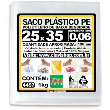 Imagem de Saco Plástico Transparente 25x35 cm (0,06mm espessura), Polietileno PE, Pacote 1kg, Conservar e Congelar Alimentos, Embalagem Multiuso, Saquinho Resistente e Forte, Selável a Calor, Virgem