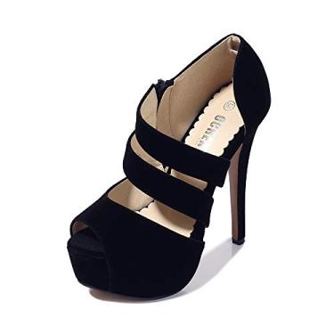 Imagem de OCHENTA Sandália feminina salto alto plataforma peep toe formatura salto alto com zíper vazado salto sexy, Veludo, preto, 37
