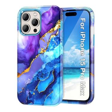 Imagem de Btscase Capa para iPhone 15 Pro Max de 6,7 polegadas (2023), padrão de mármore, 3 em 1, resistente, à prova de choque, PC rígido + silicone macio para iPhone 15 Pro Max, azul/roxo