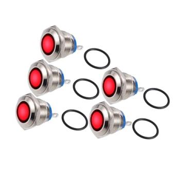 Imagem de Motoforti 5 peças de luz indicadora LED 16 mm 12 V AC DC invólucro de metal impermeável piloto painel lâmpada de sinal para carro, caminhão, barco, interno vermelho de longa duração