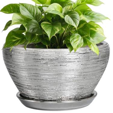 Imagem de Ceramicfor Vaso para plantas de 23 cm - Vaso de cerâmica interno com orifício de drenagem e pires, vaso redondo para plantas de interior, vaso de flores decorativo moderno para decoração de casa,