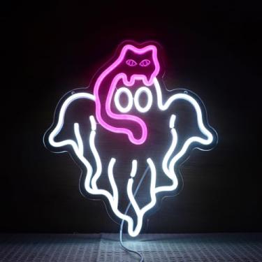 Imagem de Sinal de néon de Halloween fantasma gato rosa passeios na cabeça de fantasma luzes neon assustadoras lâmpada LED para todos os dias dos santos festa decoração de parede sinal de luz neon engraçado