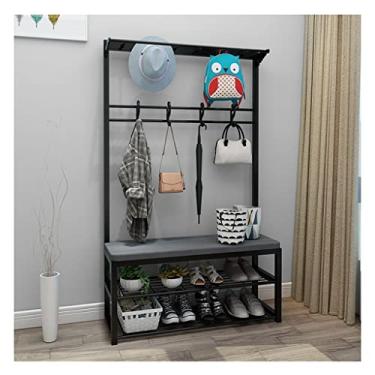 Imagem de Cabide de entrada com banco de sapatos, organizador de cabide de casaco com suporte de cabide resistente de árvore de corredor, sapateira de 2 camadas e banco de armazenamento com 14 ganchos