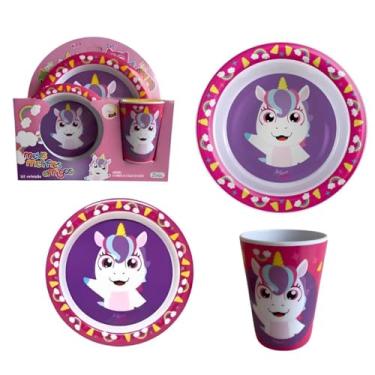 Imagem de Kit Refeição Infantil, 3 Peças, Prato, Tigela e Copo, Estampa Divertida, P/Introdução Alimentar (Unicórnio)