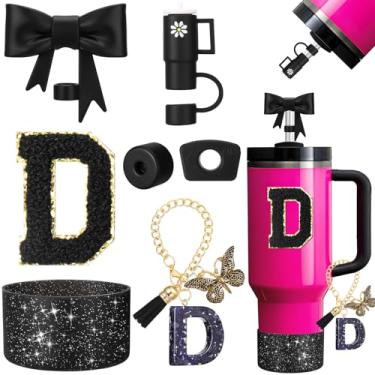 Imagem de AIERSA Conjunto de acessórios de copo preto para copo Stanley de 850 g 1,134 g, incluindo laço e mini copo, tampa e bota de palha, tampa à prova de derramamento, adesivo de letras de iniciais e