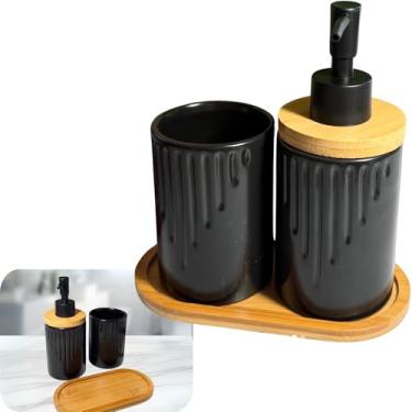 Imagem de Kit Lavabo Preto com Bandeja – Kit Banheiro Saboneteira e Conjunto para Banheiro – Inclui Porta Escova, Sabonete Líquido e Bandeja de Bambu – Design Moderno para Pia