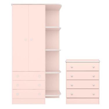 Imagem de Cômoda com 4 Gavetas e Roupeiro Amesterdã Rosa Acetinado - CasaH