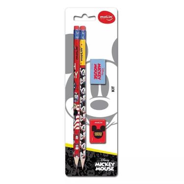 Imagem de Kit escolar Mickey Mouse 4 peças com 2 lápis HB, borracha e apontador