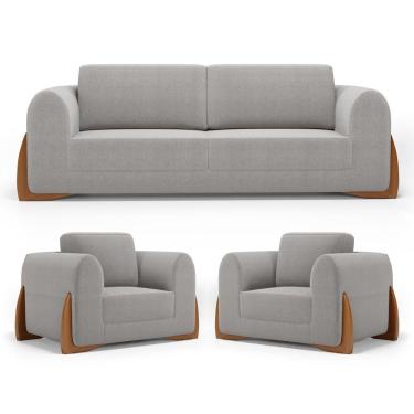 Imagem de Kit 02 Poltronas E 01 Sofá Bloom 220cm 03 Lugares Com Pés De Madeira Bouclê Cinza - Des...