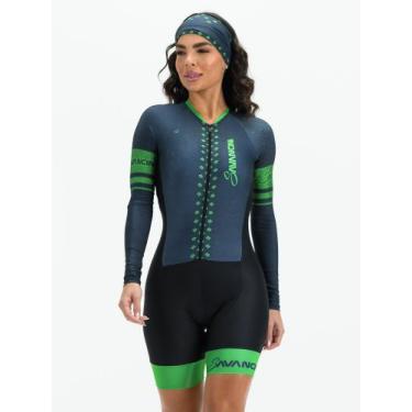 Imagem de Macaquinho Ciclismo Feminino - Forro em Gel - Manga Longa Cinza e Verd