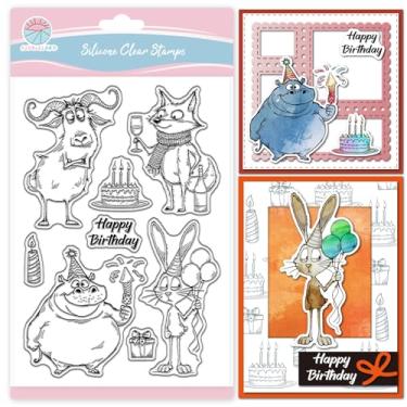 Imagem de GLOBLELAND Carimbos transparentes de animais de aniversário engraçados para fazer cartões, balões, selos de silicone para decoração de álbuns de fotos em relevo, faça você mesmo