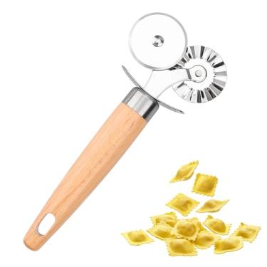 Imagem de XINBADA Roda de corte duplo para pastelaria – Cabo de madeira requintado, perfeito para macarrão, pizza, ravioli, cortador de biscoito de Natal – Melhore sua arte culinária