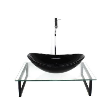 Imagem de Kit Cuba Vidro Oval 10Mm Preta Tampo 50Cm Incolor Suporte - Cubas E Ga