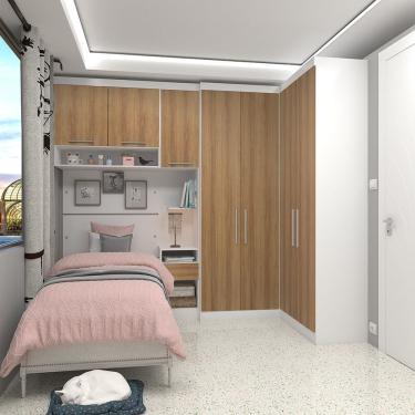 Imagem de Quarto De Canto Solteiro Com Guarda Roupas Cabeceira E Mesa De Cabeceira Alpes Luciane Móveis Branco Pf Com Avelã Pf
