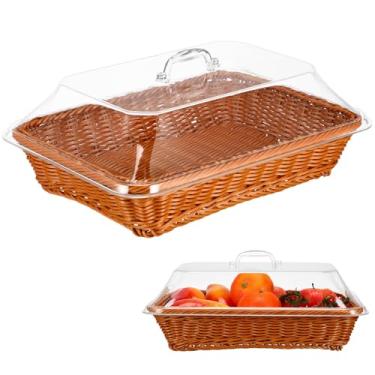 Imagem de Healeved 1 Conjunto De Cesta Pão Vime Com Tampa Acrílico Imitação Rattan Para Armazenamento Frutas, Vegetais E Alimentos Cozinha Piquenique Ao Ar Livre