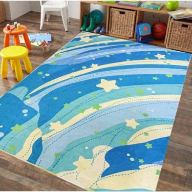 Imagem de Lacomfy Tapete infantil 10 x 15 arco-íris para quarto de meninas, lavável, antiderrapante, macio, fofo, estrelas, colorido, rosa, azul, amarelo, para decoração de quarto de jogos