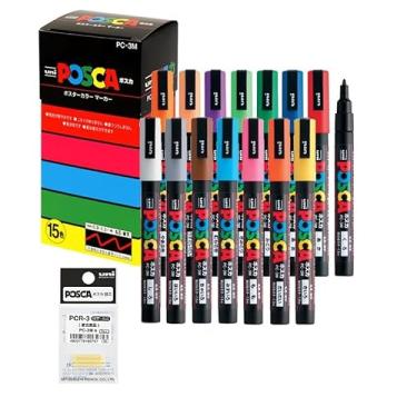 Imagem de Caneta marcador de tinta Uni-Posca – ponta fina – Conjunto de 15 (PC-3M15C) Largura da ponta 0,9-1,3 mm 15 cores, incluindo refil de ponta de canetas PCR-3 - Feito no Japão