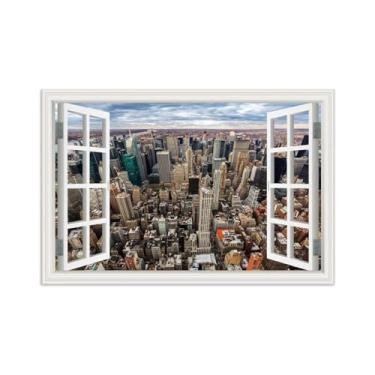 Imagem de Impressões Janela Falsas-Horizonte arranha-céus-Paisagem Urbana Pinturas em Tela-Quadro para Decoração Sala de Estar 80x120cm Sem Moldura