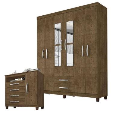 Imagem de Guarda Roupa Casal Modena Com Espelho 6 Portas E Cômoda Sapateira Cannes Malbec – Incorplac