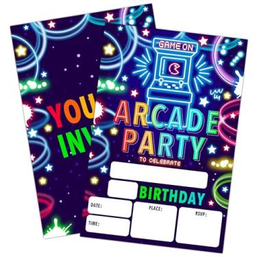 Imagem de Convites de aniversário com envelopes. Festa de aniversário de fliperama de videogame para meninas e meninos, festa de jogos Neon Glow, 20 conjuntos, 01
