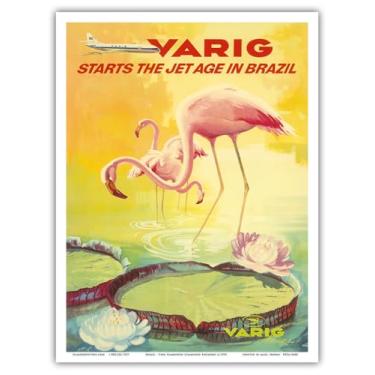 Imagem de Brazil - Varig starts the Jet Age in Brazil - Pink Flamingos (Flamingo Rosados) - Varig Airlines - Pôster vintage de viagem aérea c. 1970 - Impressão de arte mestre (sem moldura) 23 cm x 30 cm