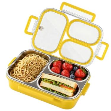 Imagem de Eechen Charm Caixa Bento de aço inoxidável – Lancheira à prova de vazamento de 2 camadas para adultos, portátil para escritório/viagem/piquenique, grande recipiente ecológico (amarelo)