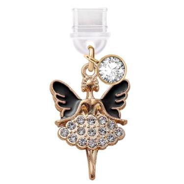 Imagem de ELISE & FONDA TP812 Tipo-C porta de carregamento antipoeira pequeno pingente de telefone celular de fada de cristal para iPhone 15/16/Samsung/OnePlus/Xiaomi/oppo telefones Android (preto)