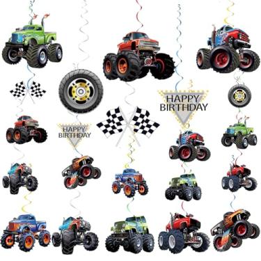 Imagem de 22 peças para pendurar caminhão monstro redemoinhos monster truck decorações de aniversário tema caminhão recortes para pendurar papel para meninos caminhão monstro suprimentos de festa chá de bebê