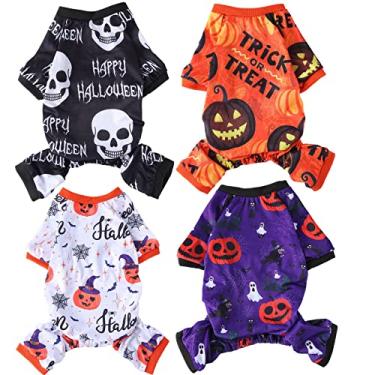 Imagem de Pacote com 4 pijamas para cães de Halloween, roupas de férias, fantasias para cães de Halloween, macacão, abóbora, caveira, fantasma, bruxa, Halloween, cachorro, para filhotes, cães, gatos, cosplay de Halloween (médio)