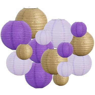 Imagem de Lanternas de papel douradas roxas decorativas chinesas/japonesas penduradas em papel redondas