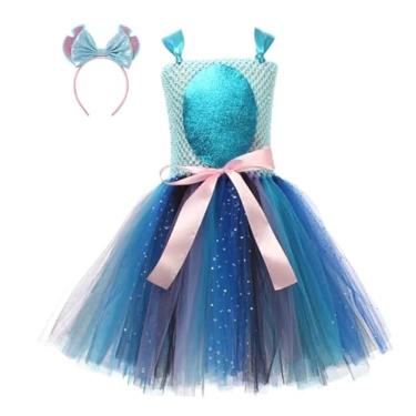 Imagem de AWIBMK Fantasia de Halloween para meninas, cosplay, fantasia de fantasia, gravata borboleta nas costas, vestido de princesa de tule com orelha, conjunto de faixa de cabeça azul com glitter 9-10 anos