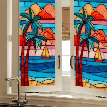 Imagem de HOMETITUTE Verão, praia, palmeiras, janela, 45 x 99 cm, vitral, decorativo, privacidade, PVC, veleiro, oceano, pôr do sol, painel de vidro, vertical, decoração de casa