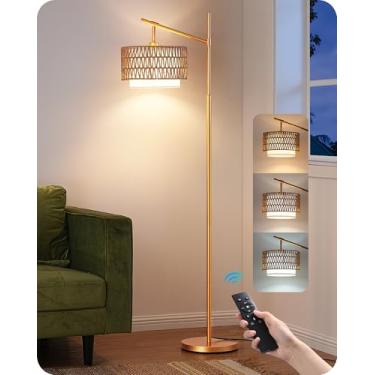 Imagem de EDISHINE Candeeiro de chão de arco de vime com controle remoto, luminária de casa de fazenda dourada com lâmpada LED regulável, persianas duplas de vime e tecido de vime, interruptor de pé, lâmpadas