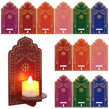 Imagem de Yerliker 12 unidades de decoração de parede Diwali para castiçal de madeira lótus para parede itens de Pooja indiano 2,8 x 4 '' jharokha Rangoli Tea Light Diya Holder Deepavali decoração festiva casa